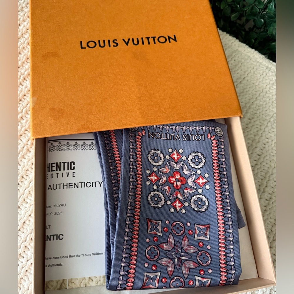Louis Vuitton Blue Silk Scarf with Pink and Red Medallion Print